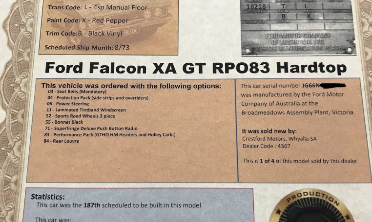 Ford Falcon XA GT RPO Coupe Certificate | Muscle Car Warehouse
